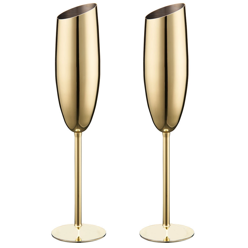 Duo of Gold Stainless Steel Beveled Champagne Flutes - The Stainless Sipper 